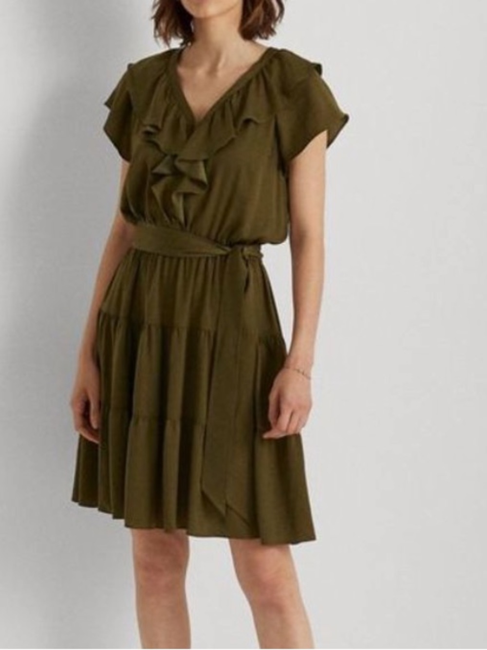 LAUREN RALPH LAUREN Black Label Green Tie Front Button Closure ruffle Dress sz 8